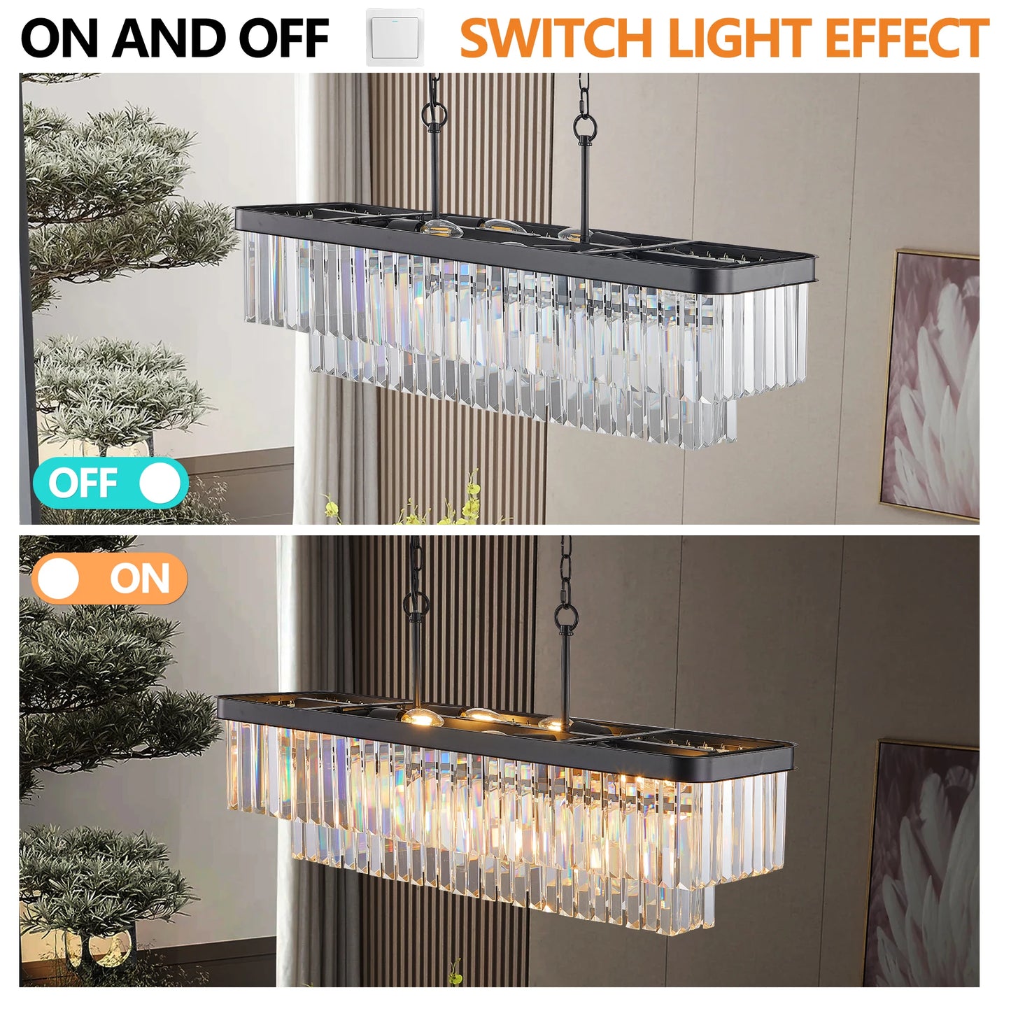 Adjustable Rectangular Crystal Chandelier, E12 Modern Industrial Farmhouse Iron Ceiling Light