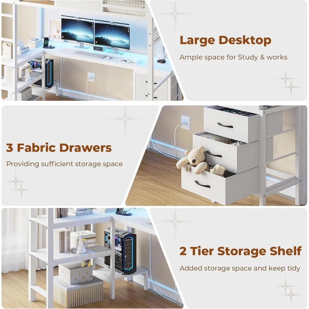 LED Twin Loft Bed with Desk & Drawers