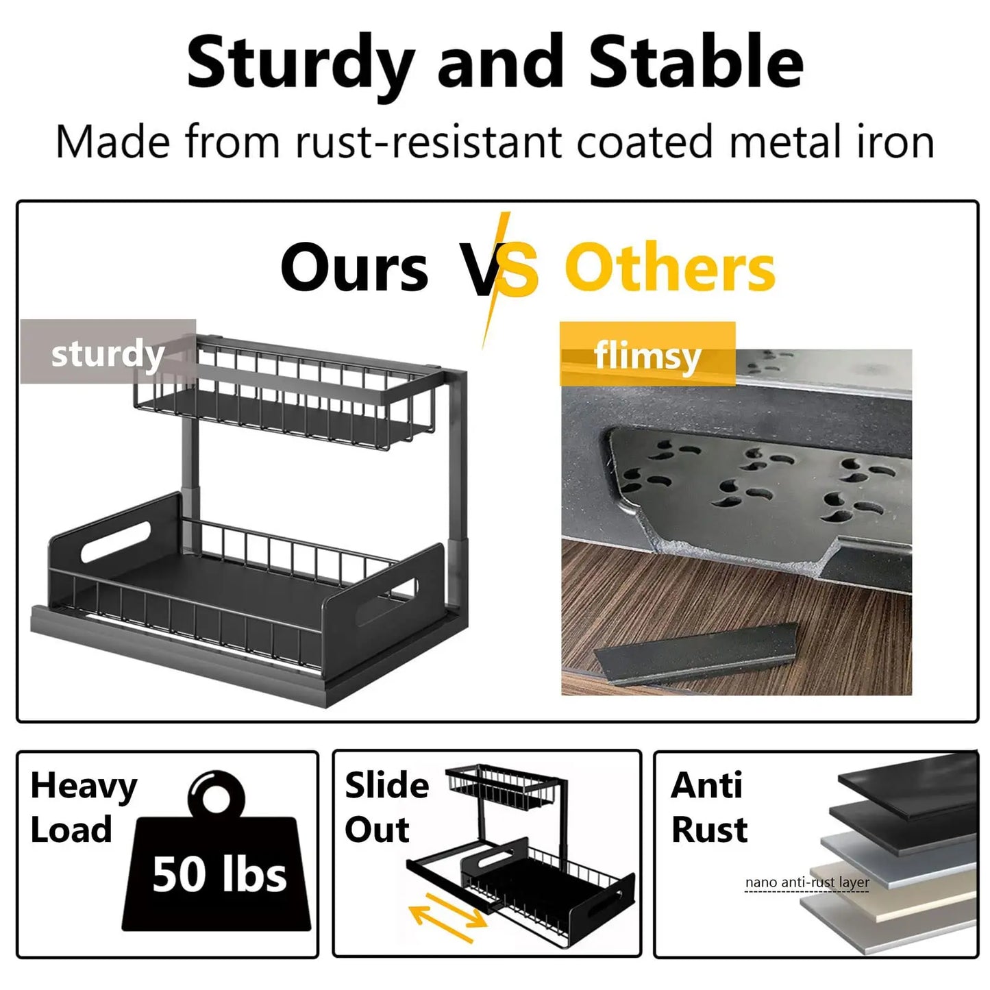 2-Tier Slide-Out Under Sink Organizer, Sturdy Metal Storage for Bathroom or Kitchen