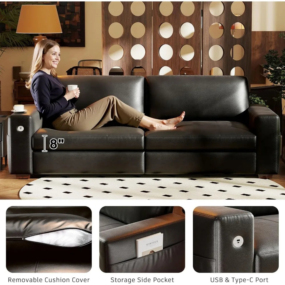 89" Faux Leather Sofa with USB/Type-C, Removable Cushions, Wide Armrests