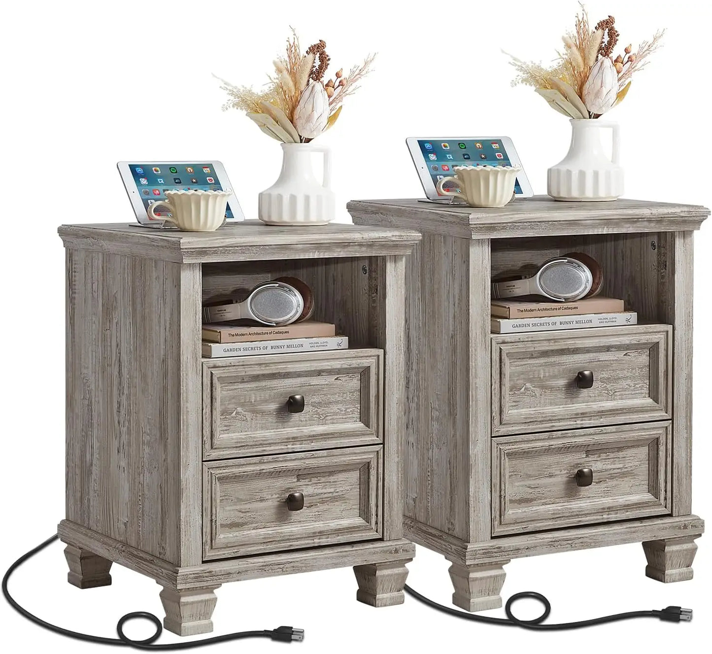 24" Farmhouse Walnut Nightstand with Charging Station, 2 Drawers End Table