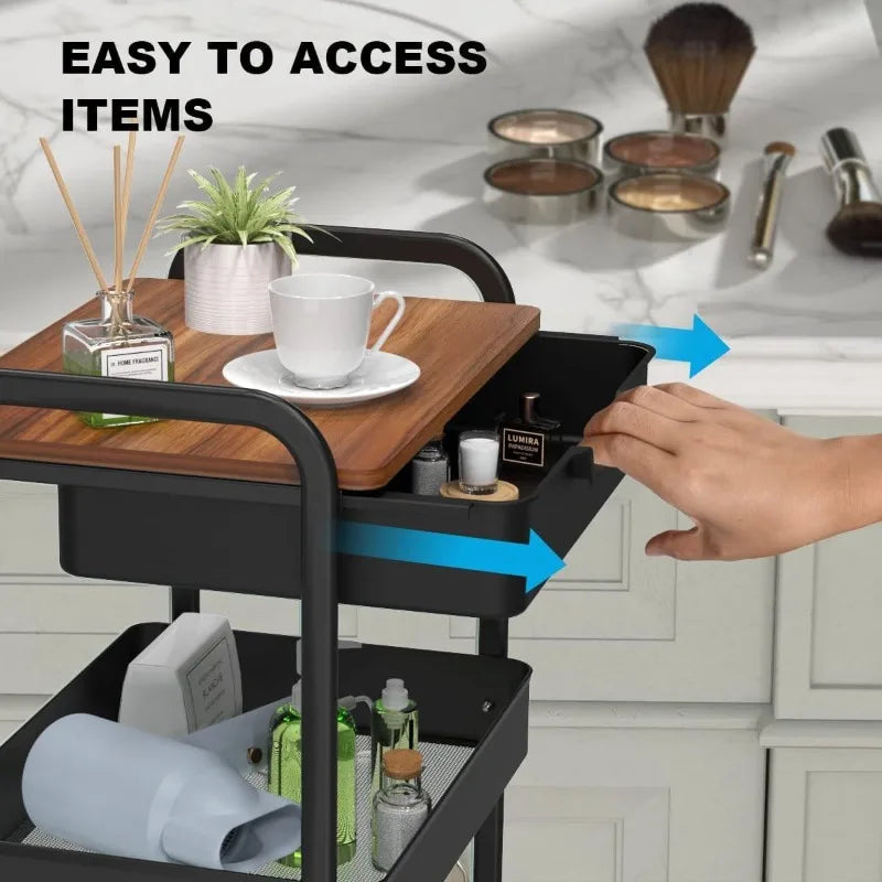 3-Tier Rolling Utility Cart with Drawer and Wood Top – Metal Storage Organizer