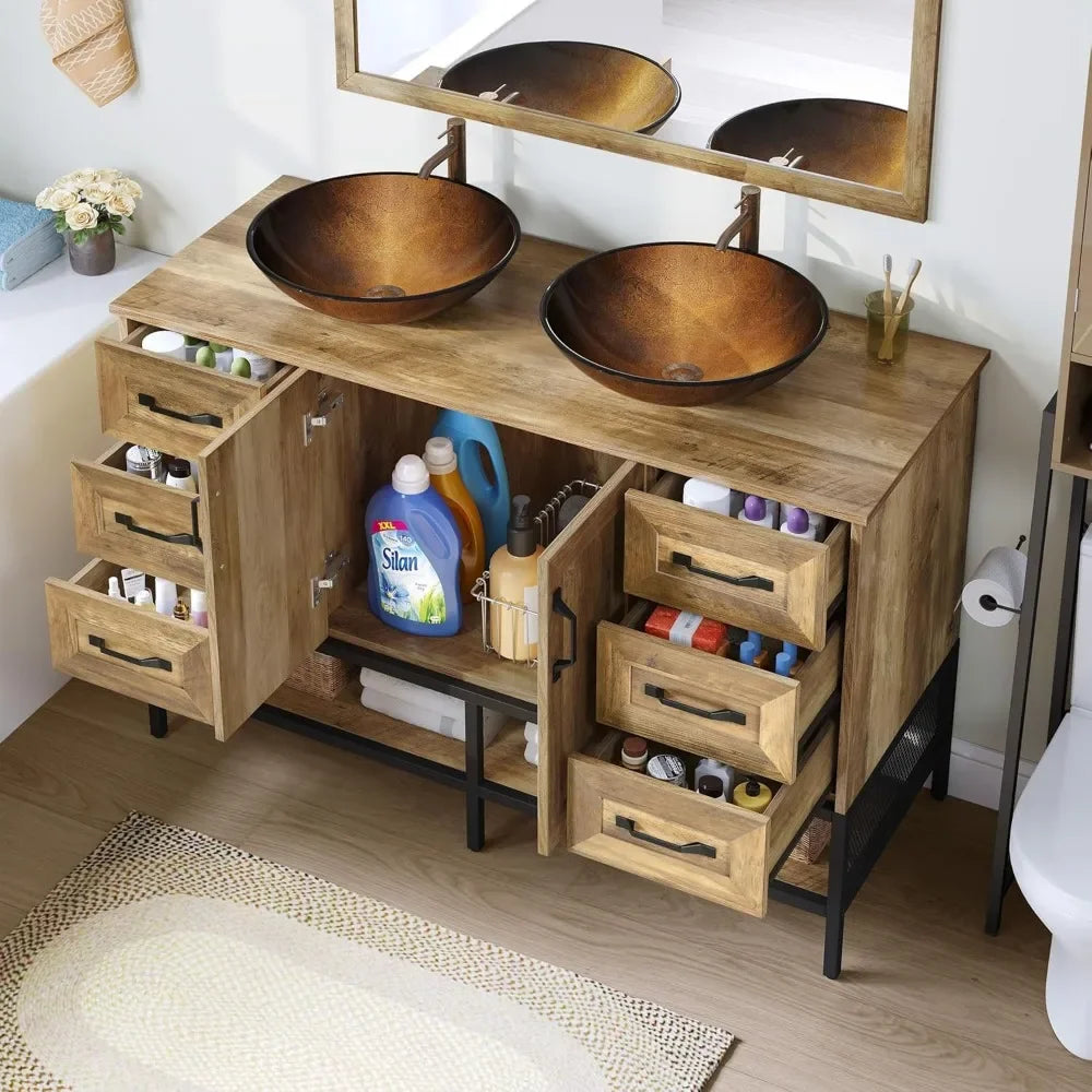 48" Double Rustic Bathroom Vanity Set with Double Sinks, Side Cabinet, Tempered Glass Vessel Sinks