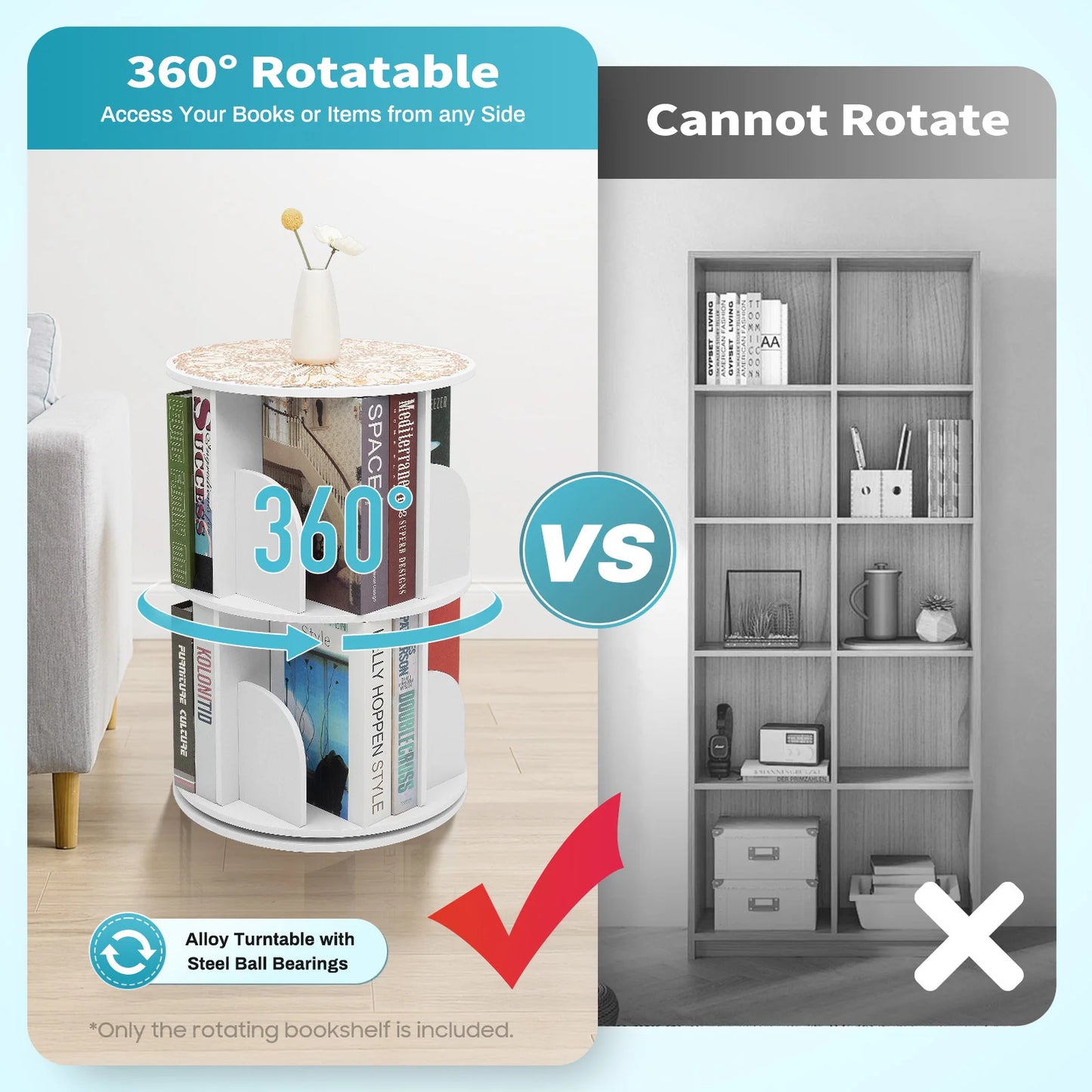 360° Rotatable 2-Tier Book Shelf, Freestanding Storage Organizer for Home & Office, White
