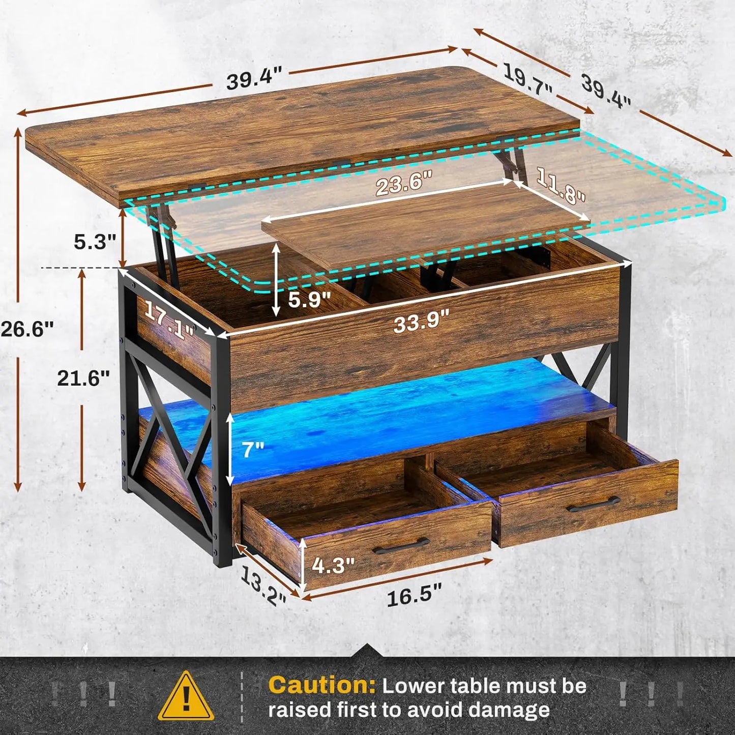40" Lift Top Farmhouse Coffee Table with Storage, 2 Drawers & LED
