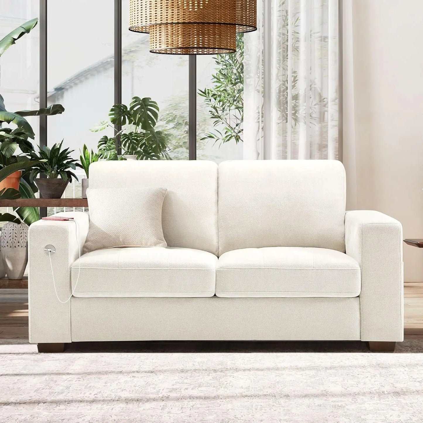 89" Faux Leather Sofa with USB/Type-C, Removable Cushions, Wide Armrests