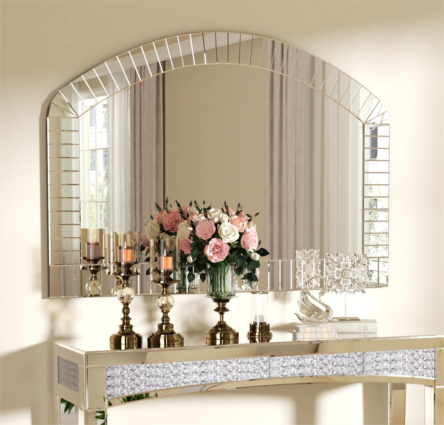 Large Silver Arched Wall Mirror – Venetian-Style Decorative Accent with Beveled Glass
