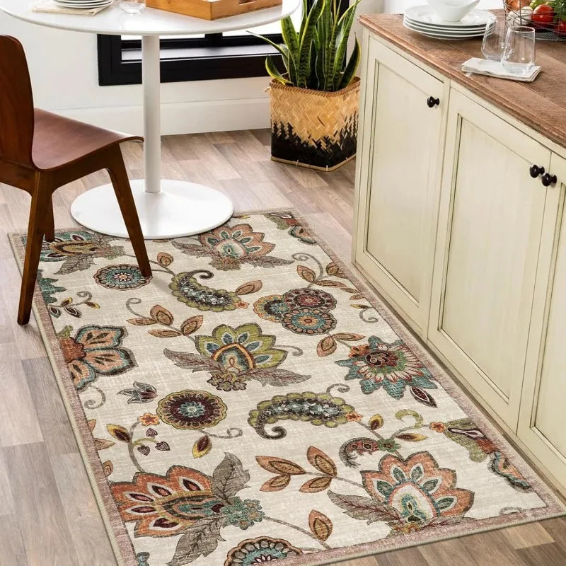 Washable Floral Paisley 3x5 Area Rug, Non-Slip Vintage Accent for Entryway