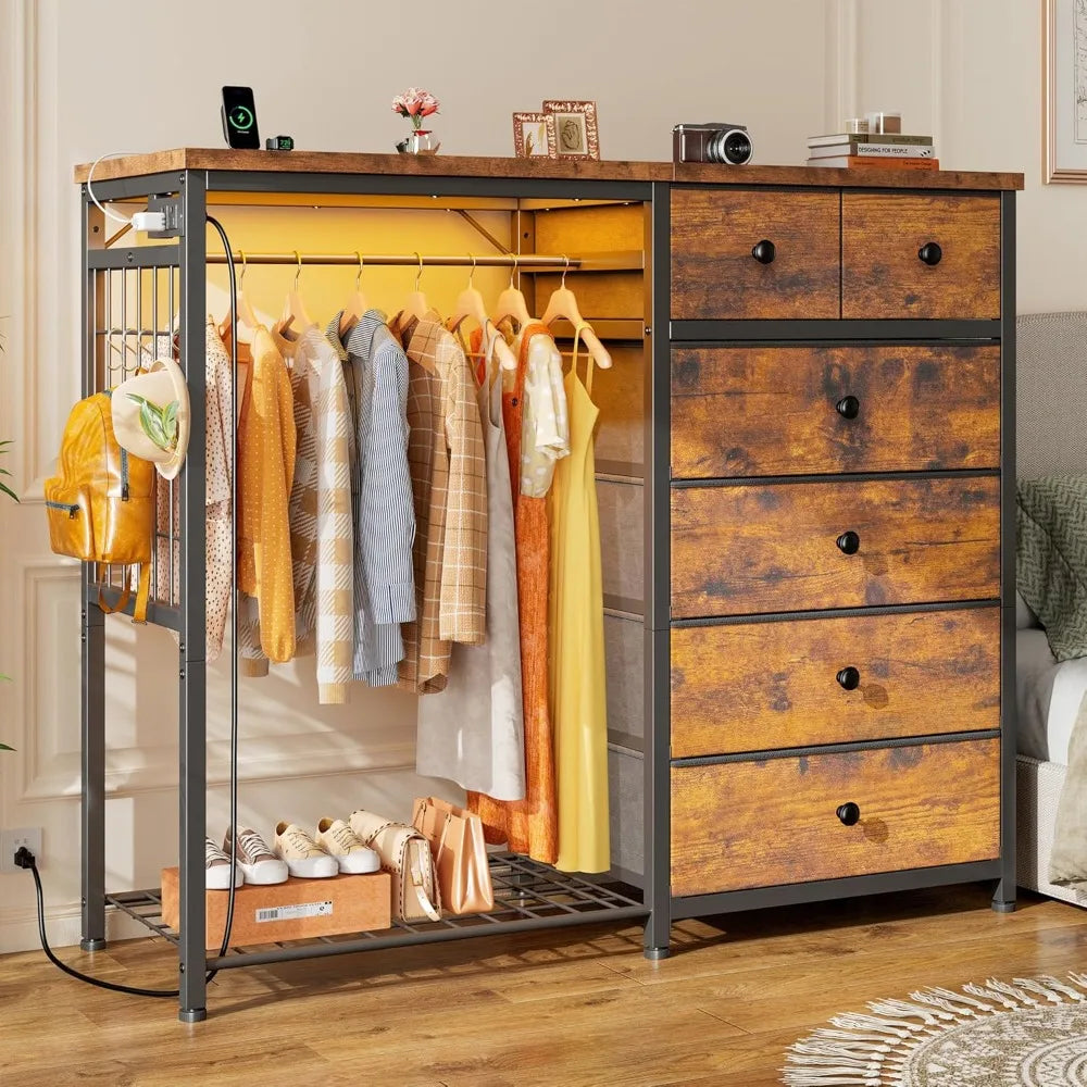 49.2" 6-Drawer Dresser with LED Lights, Charging Station, Fabric Storage Chest, Hanging Rack