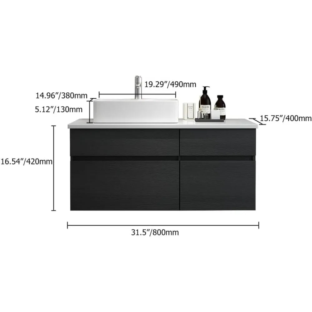 31" Wall-Mounted Floating Bathroom Vanity with Ceramic Vessel Sink