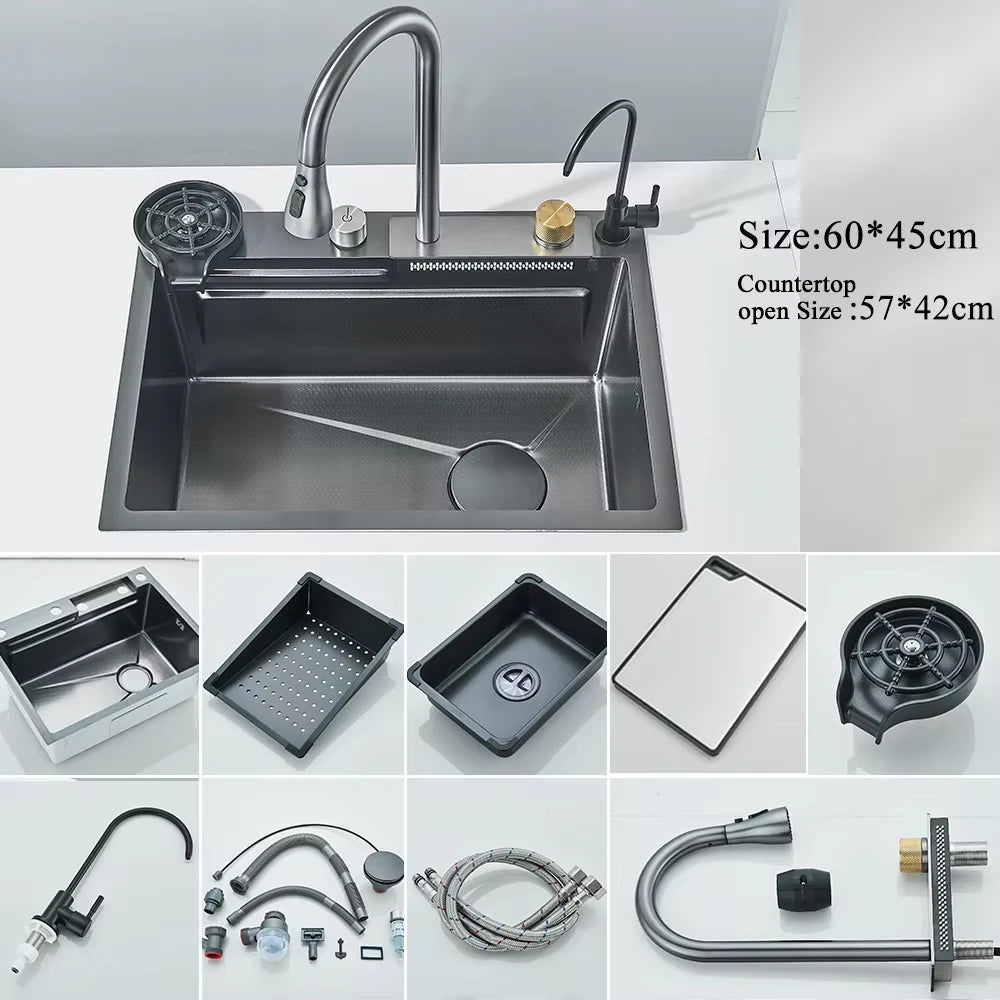 304 Stainless Steel Waterfall Kitchen Sink Set with Digital Faucet, Soap Dispenser & Cup Washer