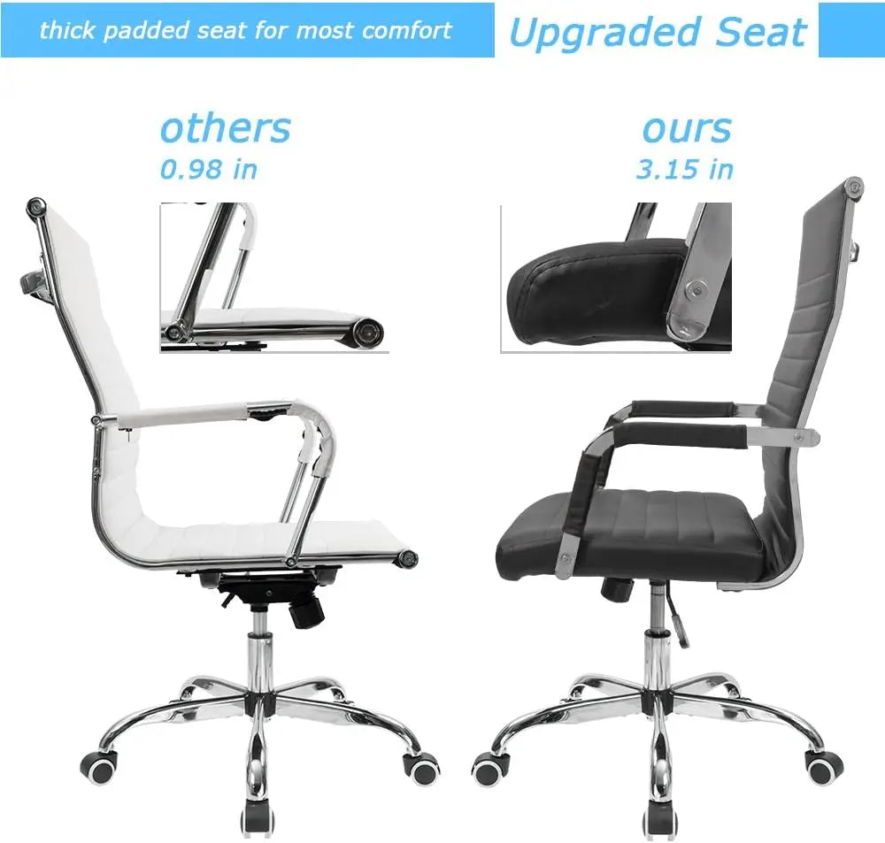 Ribbed Office Desk Chair Mid Back PU Leather Adjustable Swivel Chair with Arms