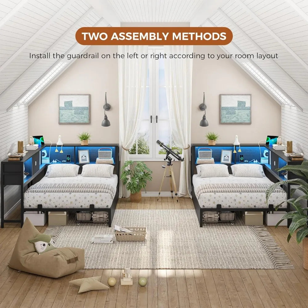 ✅ Twin XL Corner Bed Frame – Bookcase Headboard, LED Lights, Storage Drawers & Built-In Charging Station
