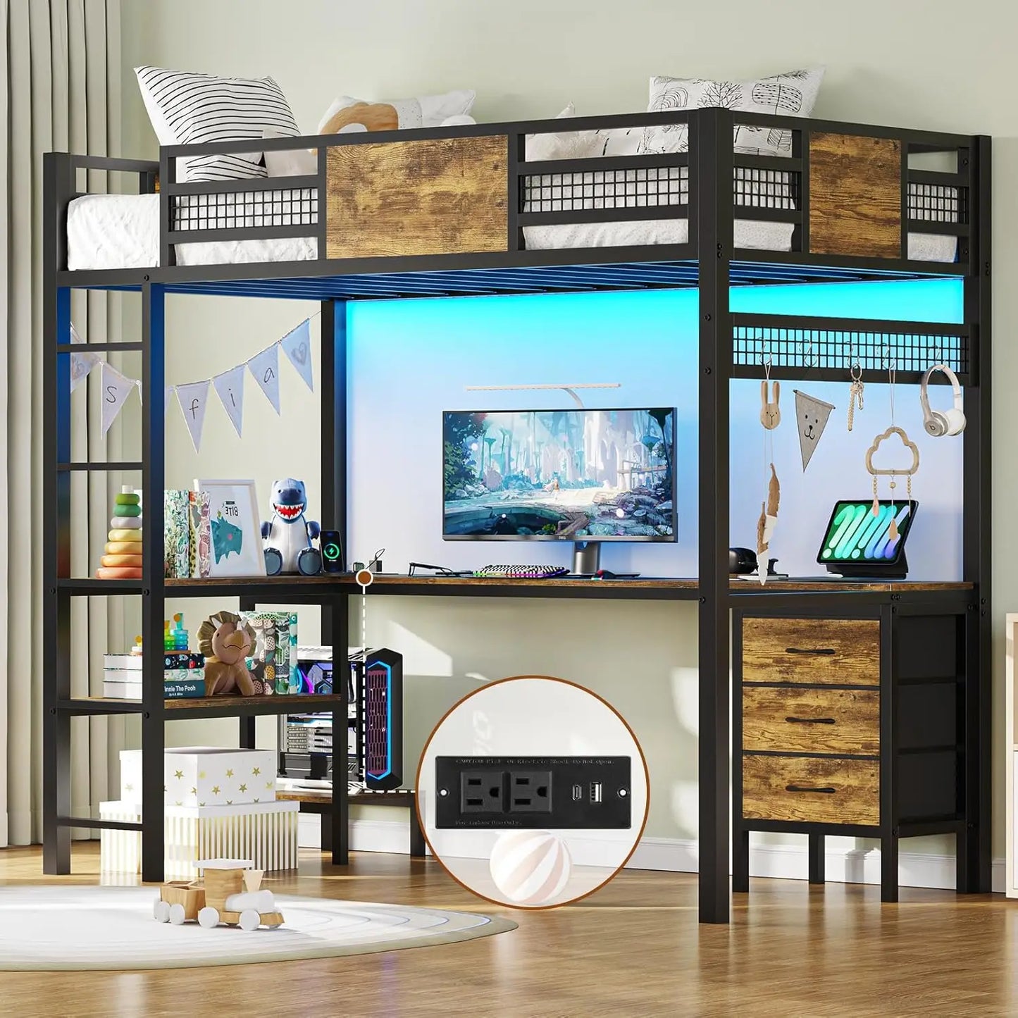 LED Twin Loft Bed with Desk & Drawers
