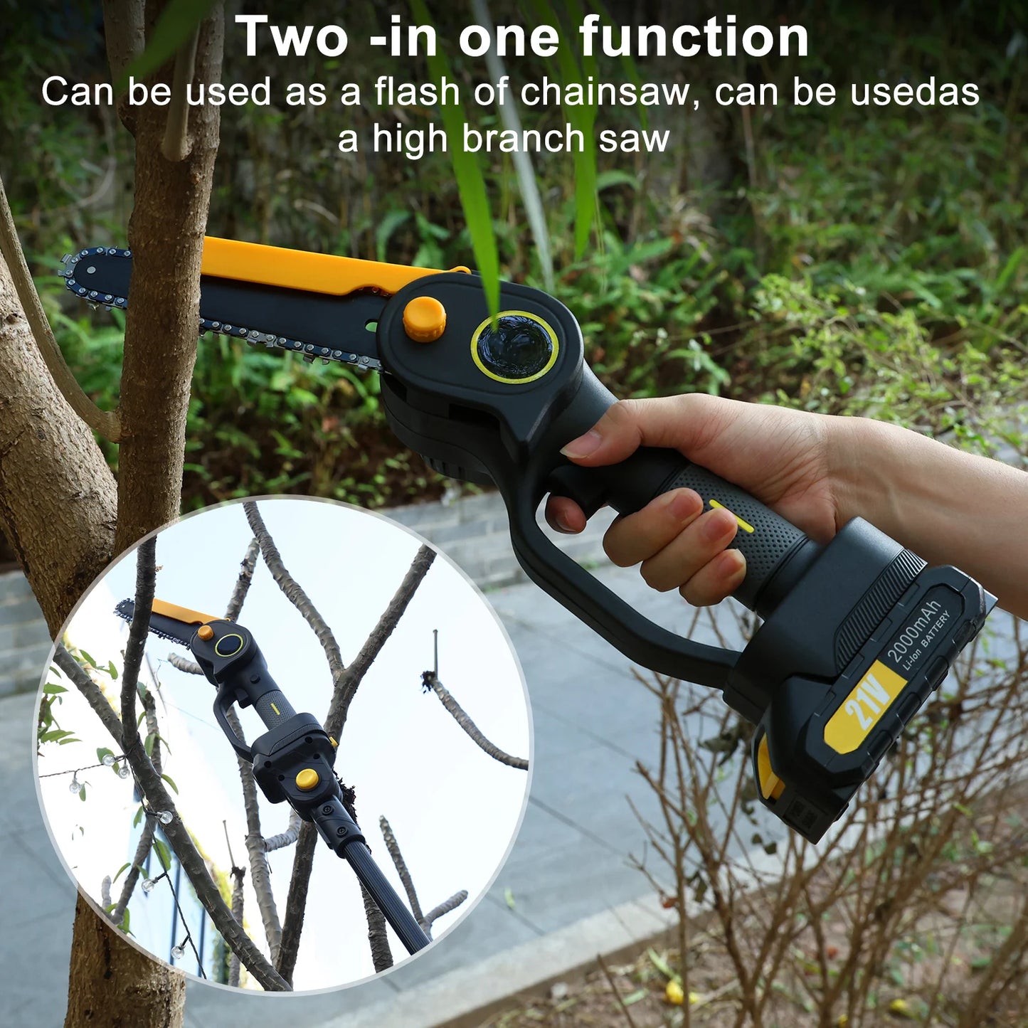 2-in-1 Mini 6" Cordless Chainsaw & Pole Saw – 21V Handheld Electric Saw for Woodworking & Pruning