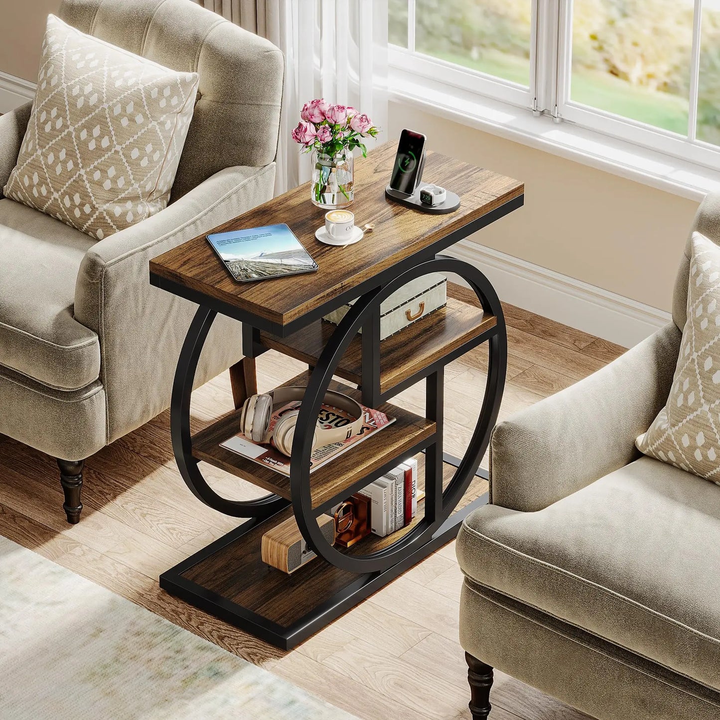 Tribesigns End Table 4-Tier Wood Narrow Side Table with Storage Shelves
