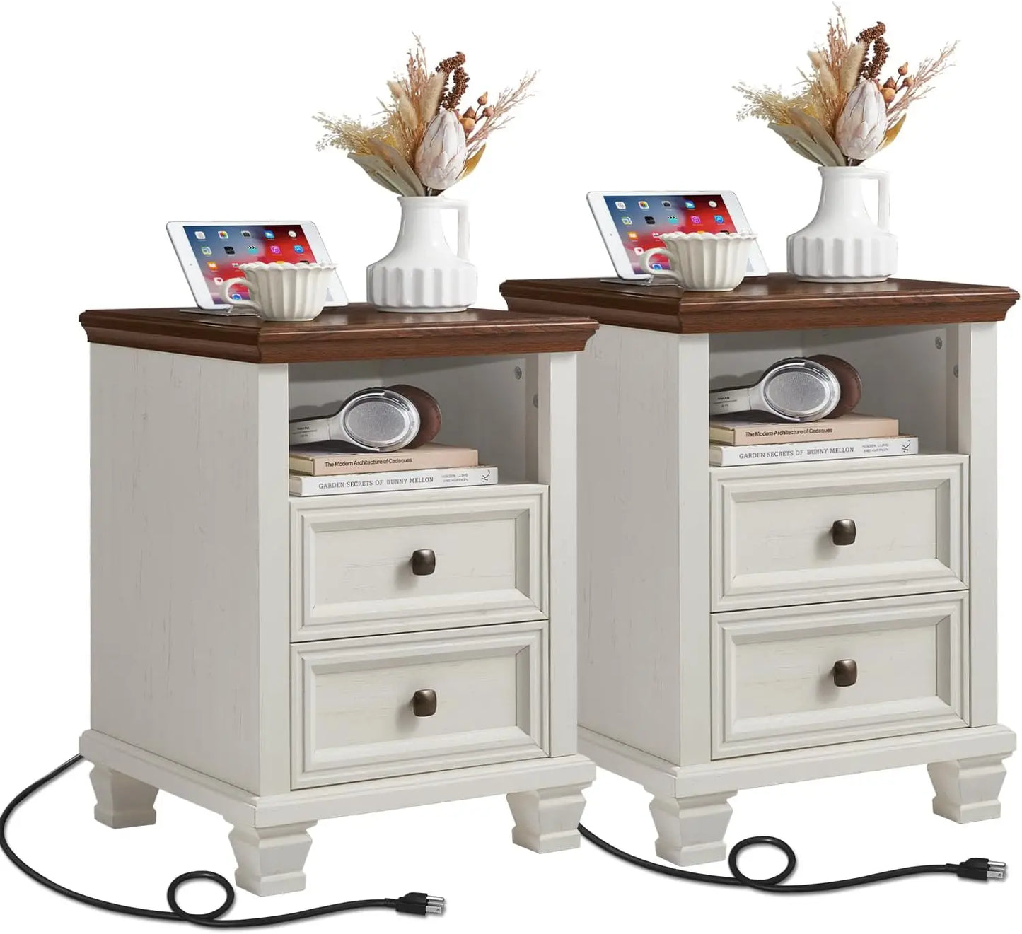 24" Farmhouse Walnut Nightstand with Charging Station, 2 Drawers End Table