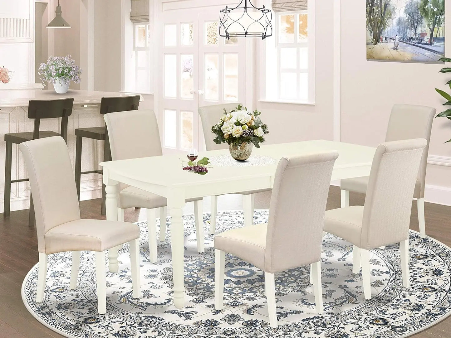 9 Piece Modern Dining Rectangle Wooden Table Set with Butterfly Leaf and 8 Linen Fabric Chairs