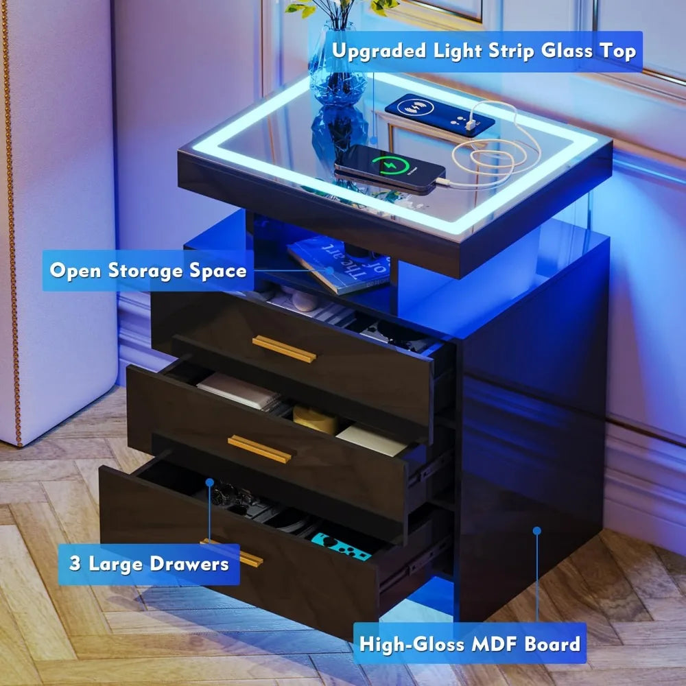 3-Drawer LED Nightstand with Wireless Charger and 3-Mode Sensor Light