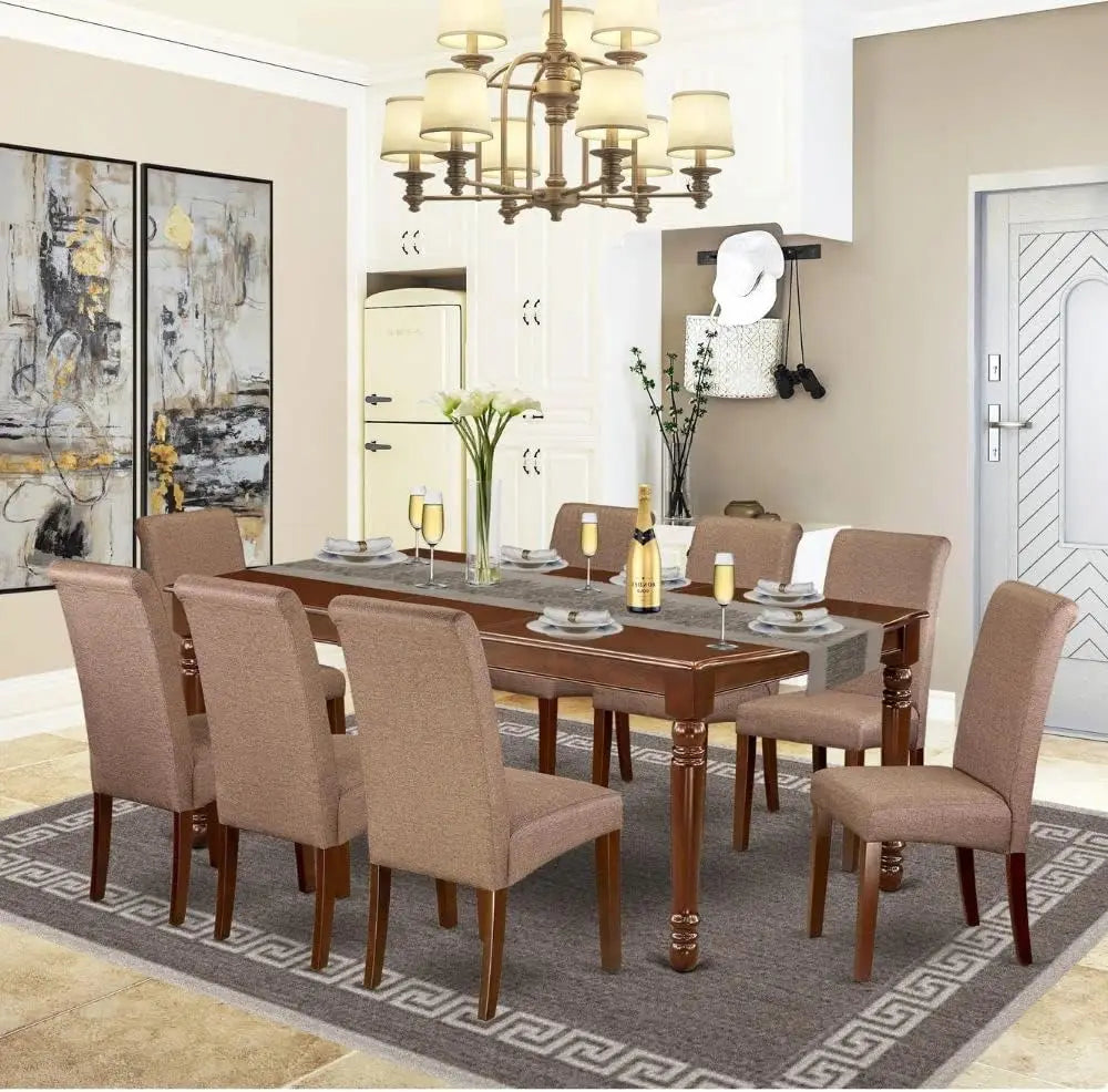9 Piece Modern Dining Rectangle Wooden Table Set with Butterfly Leaf and 8 Linen Fabric Chairs