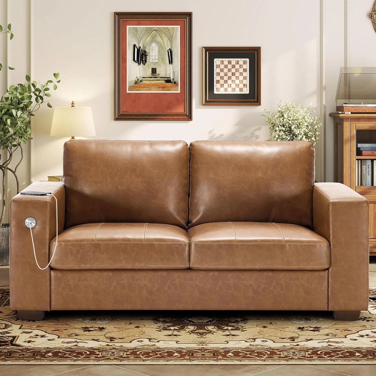 89" Faux Leather Sofa with USB/Type-C, Removable Cushions, Wide Armrests