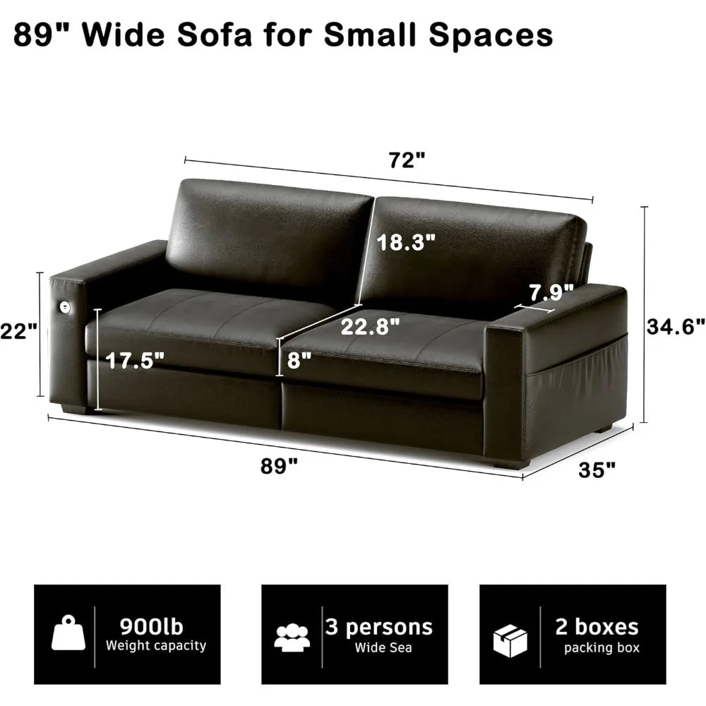 89" Faux Leather Sofa with USB/Type-C, Removable Cushions, Wide Armrests