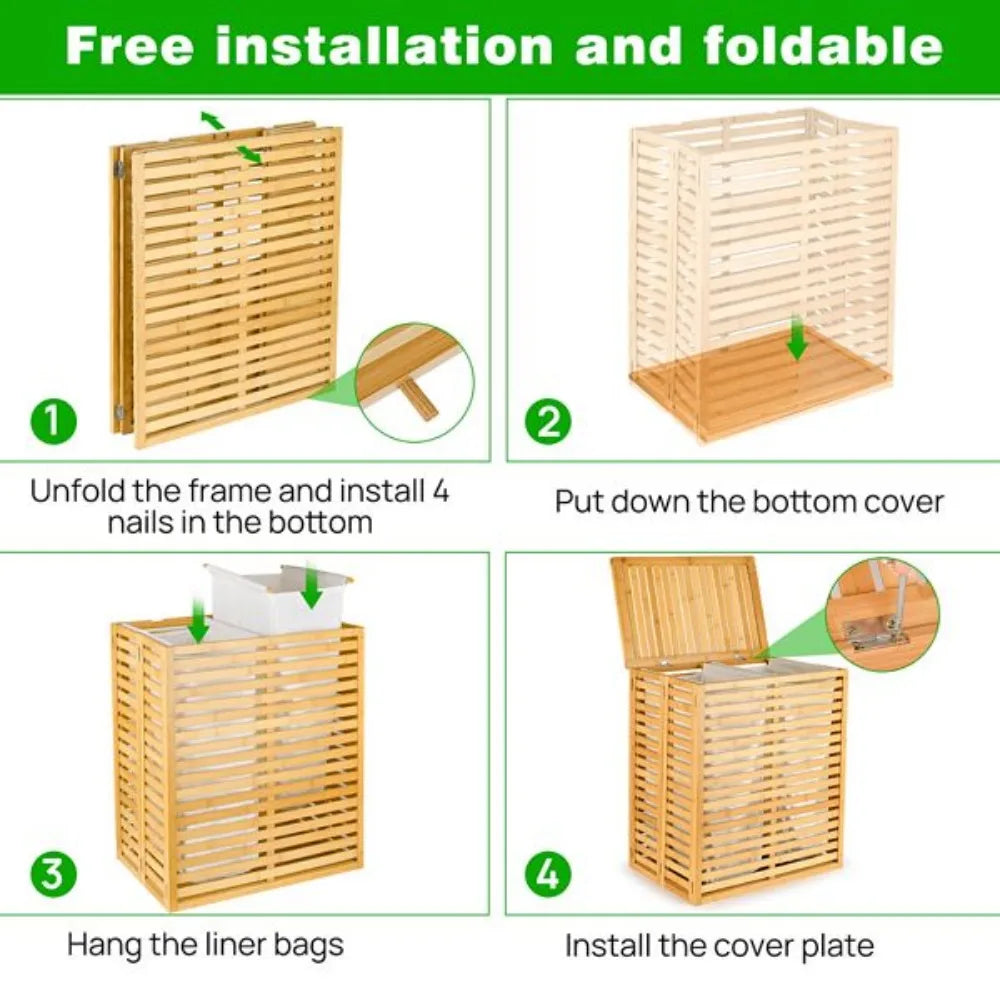 Foldable Bamboo Laundry Hamper with Lid, 2-Section Removable Liner