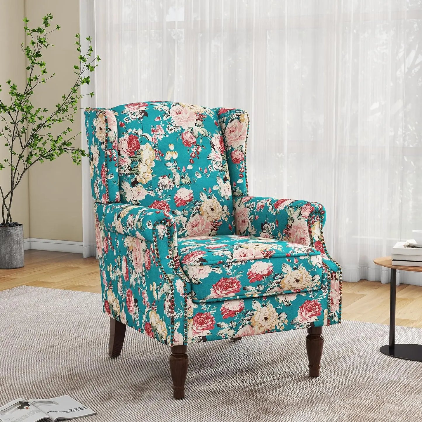 Accent Arm Chair, Upholstered High Back Wingback with Nailhead Trim