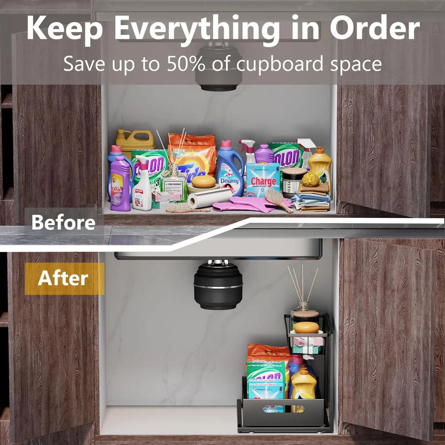 2-Tier Slide-Out Under Sink Organizer, Sturdy Metal Storage for Bathroom or Kitchen