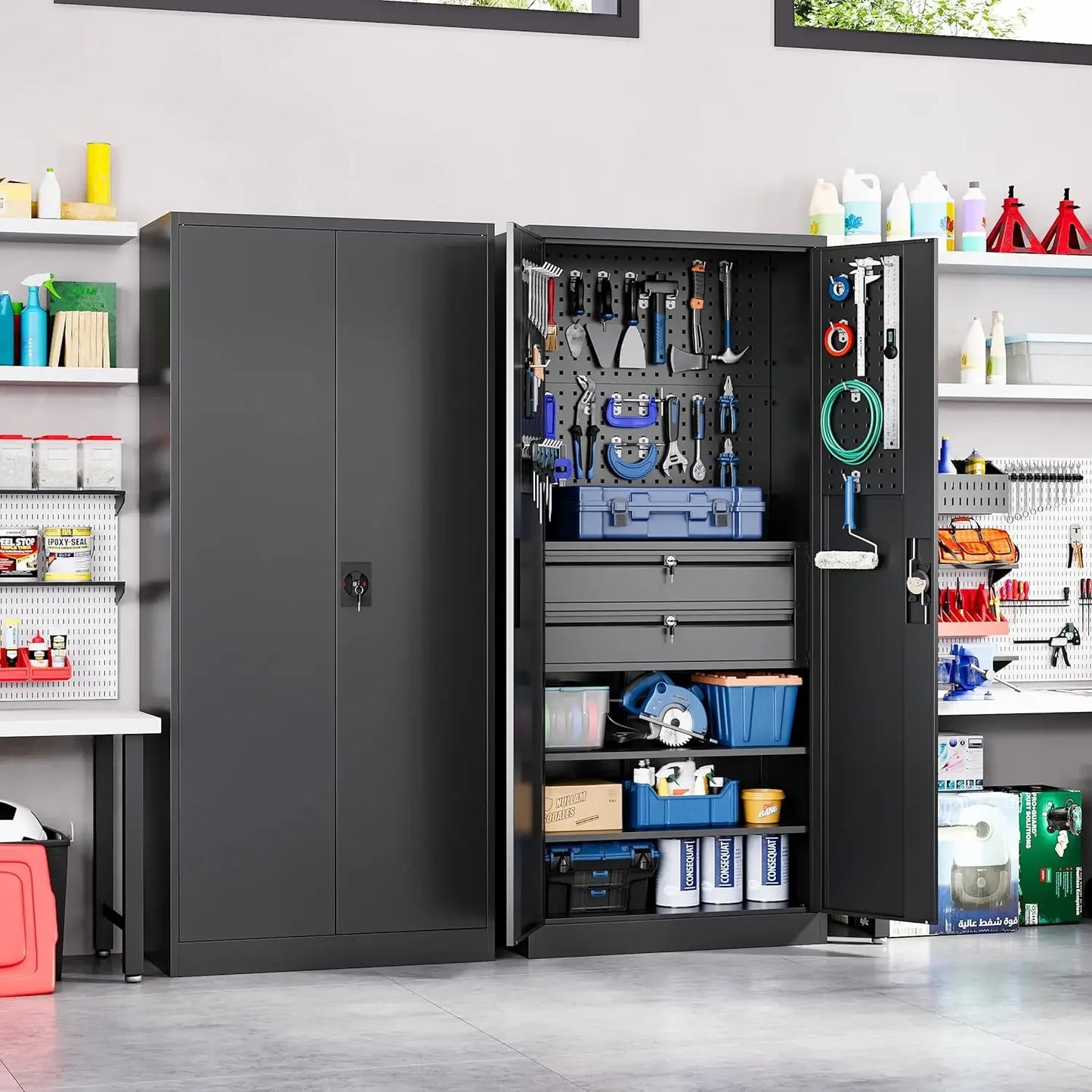 71" Metal Garage Storage Cabinet with Locking Doors, 2 Drawers & Pegboard