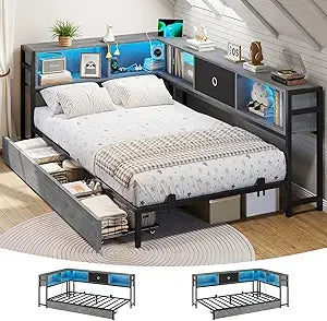 ✅ Twin XL Corner Bed Frame – Bookcase Headboard, LED Lights, Storage Drawers & Built-In Charging Station