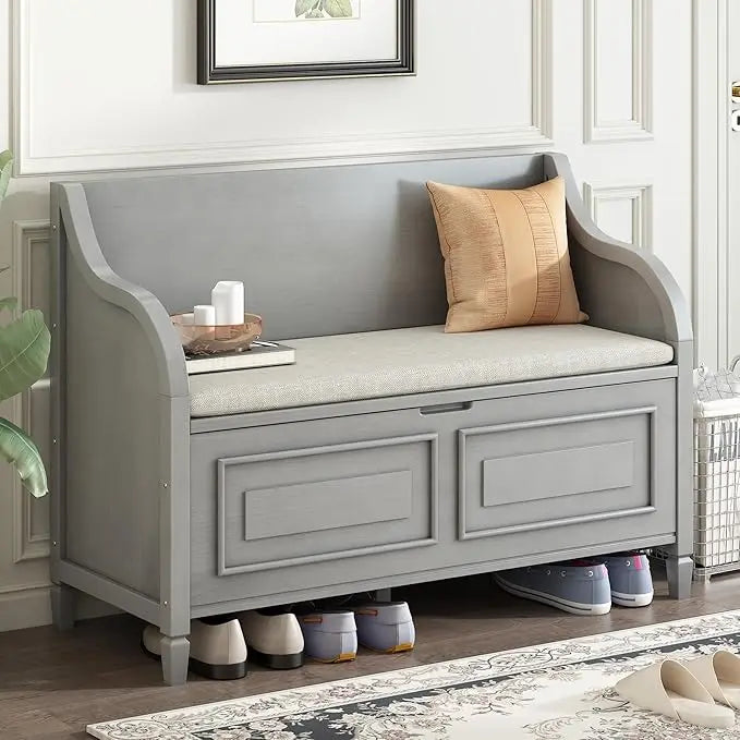 Multifunctional Entryway Wooden Storage Bench with Shoe Cabinet and Safety Hinge