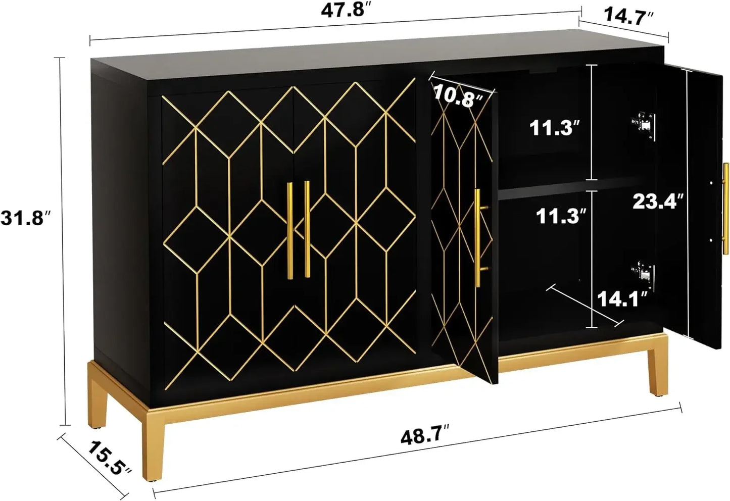 Accent Cabinet with 4 Doors & Shelves Gold Black