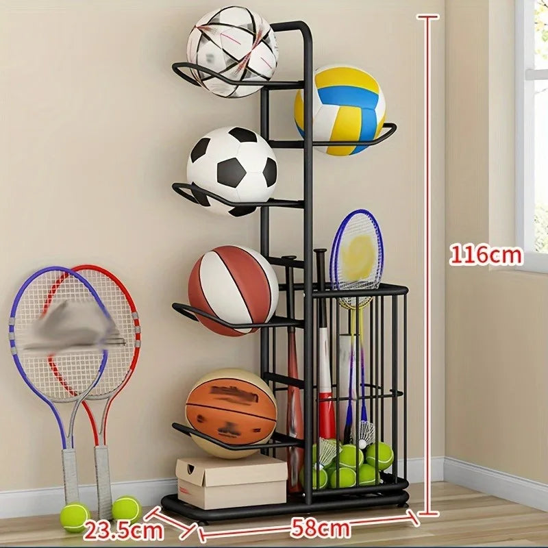 Sports Ball Storage Rack with Basket & Hooks – Garage Organizer & Basketball Stand