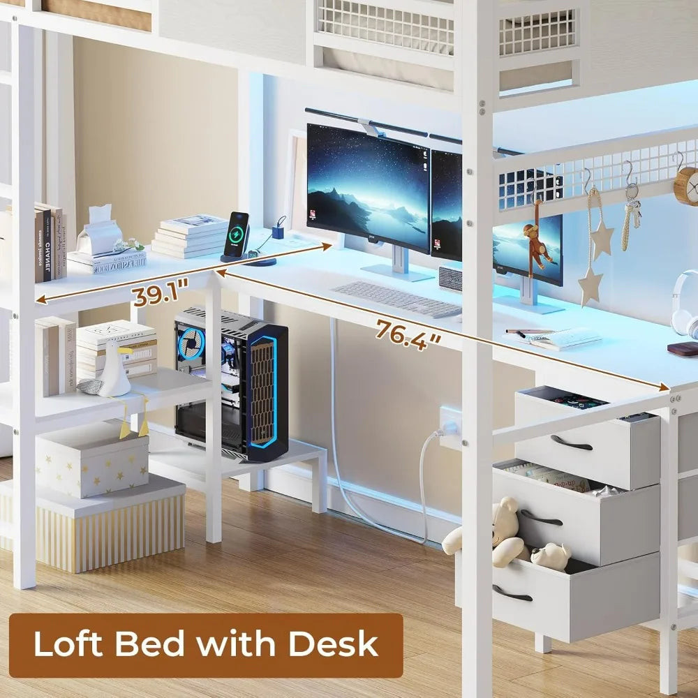 LED Twin Loft Bed with Desk & Drawers