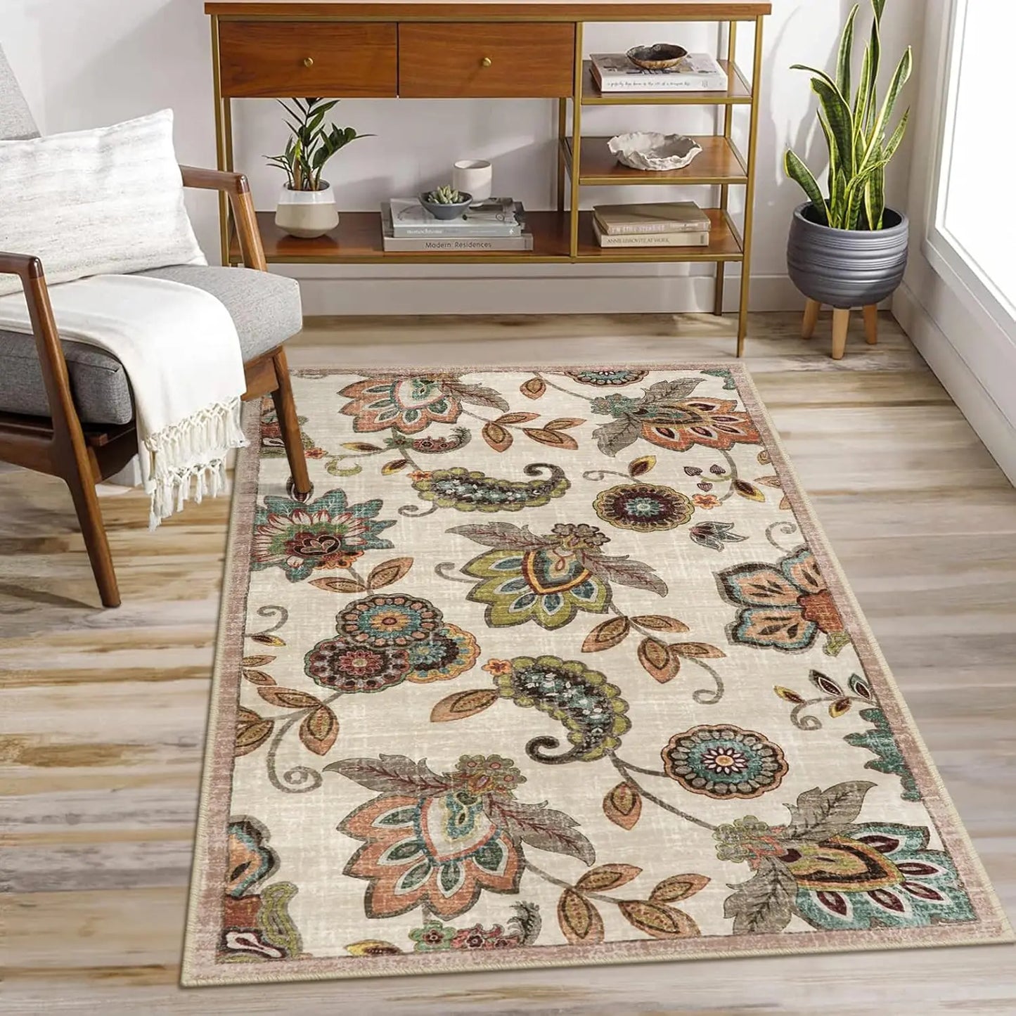 Washable Floral Paisley 3x5 Area Rug, Non-Slip Vintage Accent for Entryway