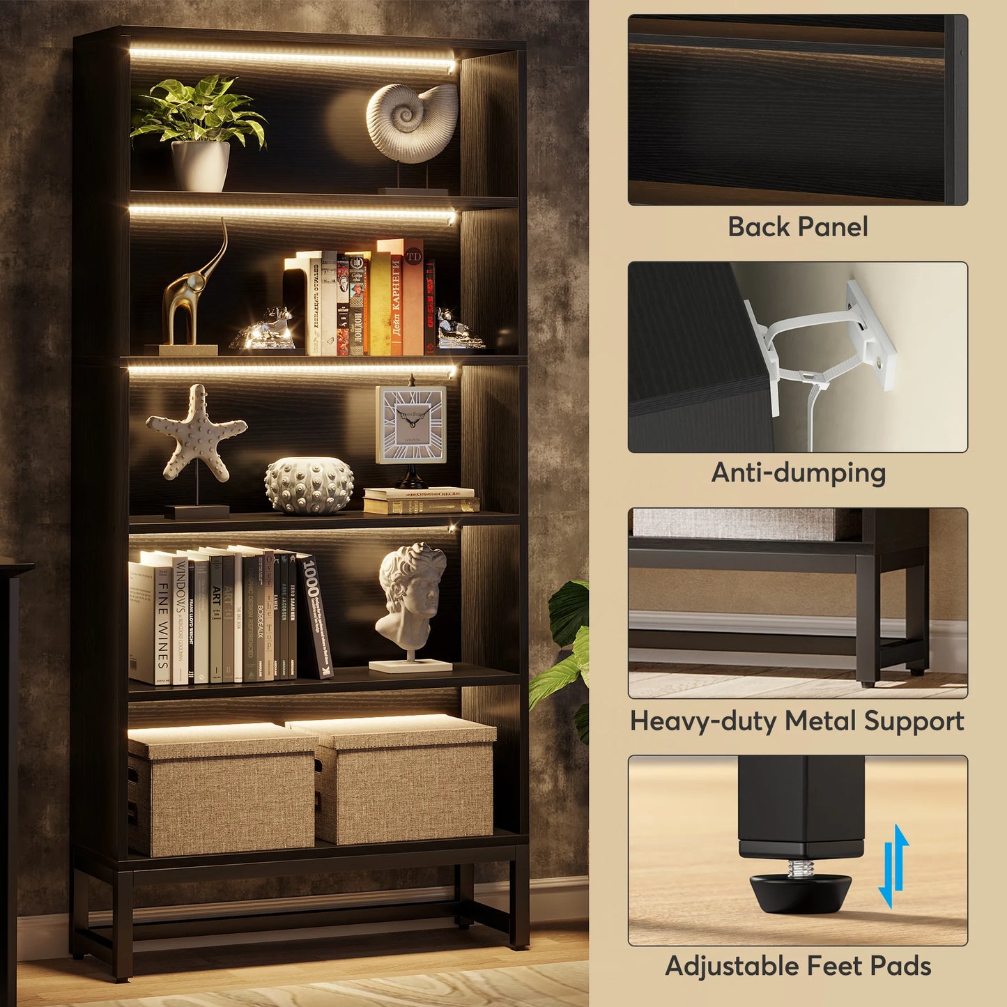 Tribesigns 70.8" Tall Library Bookcase with LED Lights, Heavy Duty Organizer