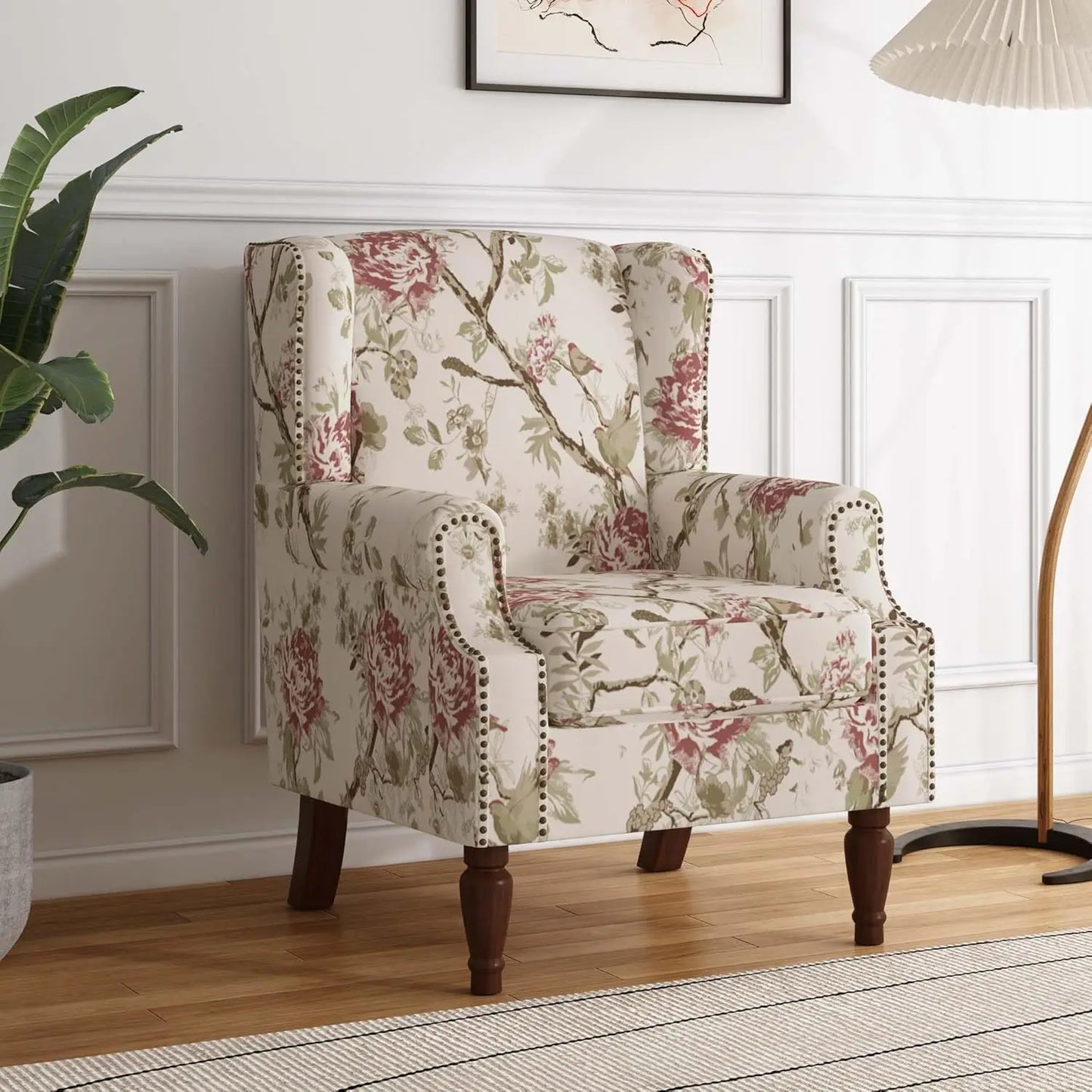 Accent Arm Chair, Upholstered High Back Wingback with Nailhead Trim