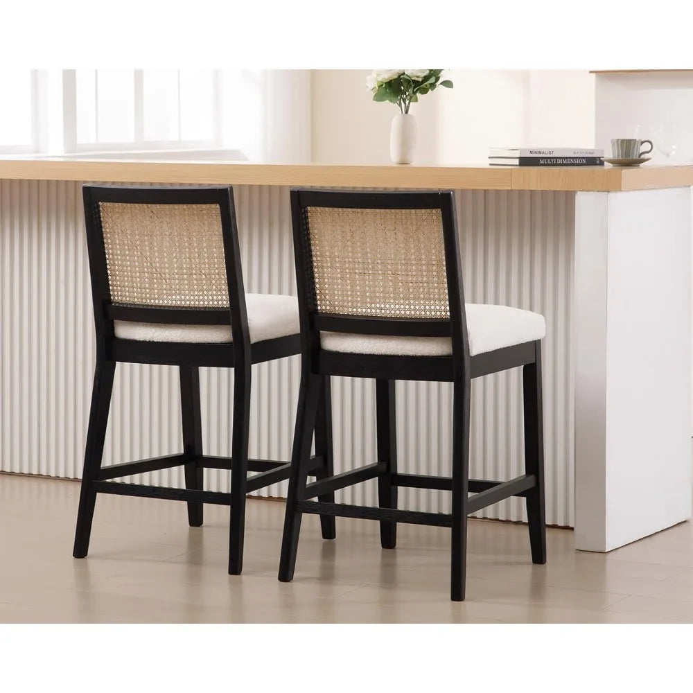 26" Modern Farmhouse Rattan Bar Stools – Upholstered Counter-Height with Backrest