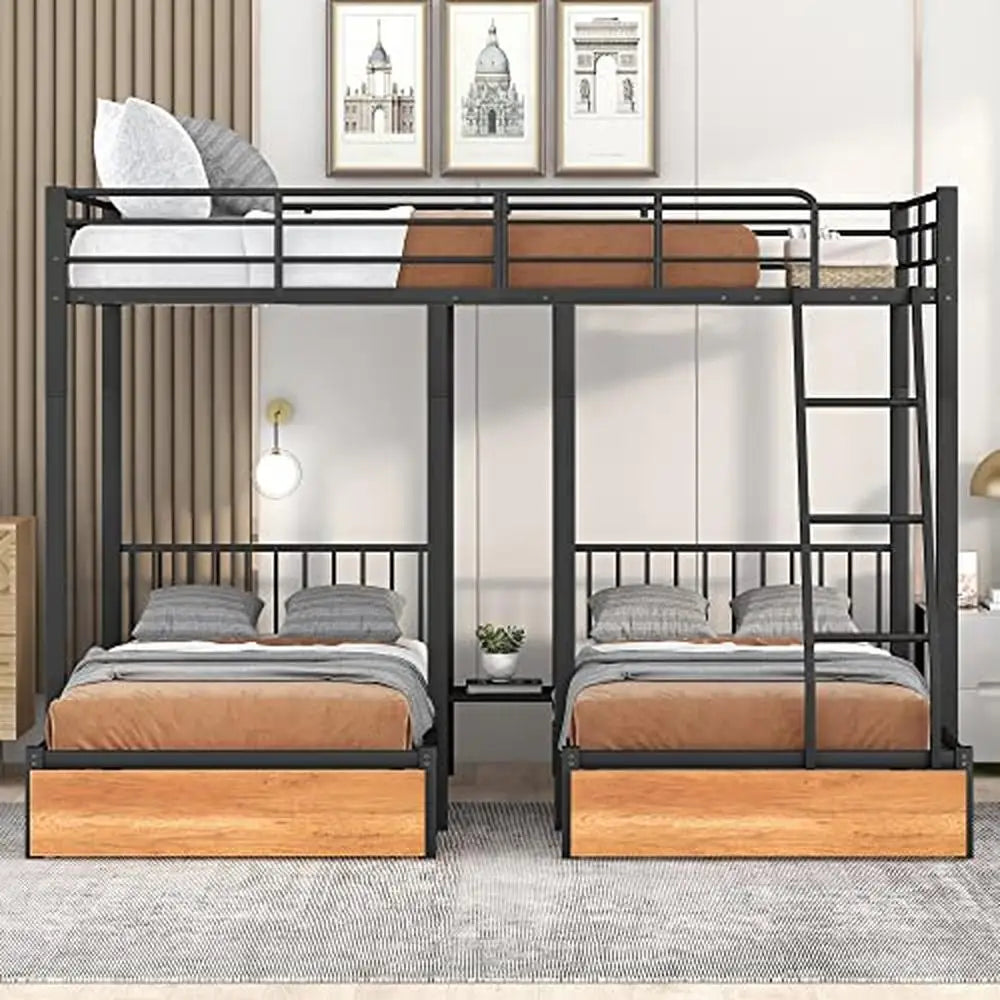 Metal Full/Twin Triple Bunk Bed with Guardrails & Drawers No Box Spring
