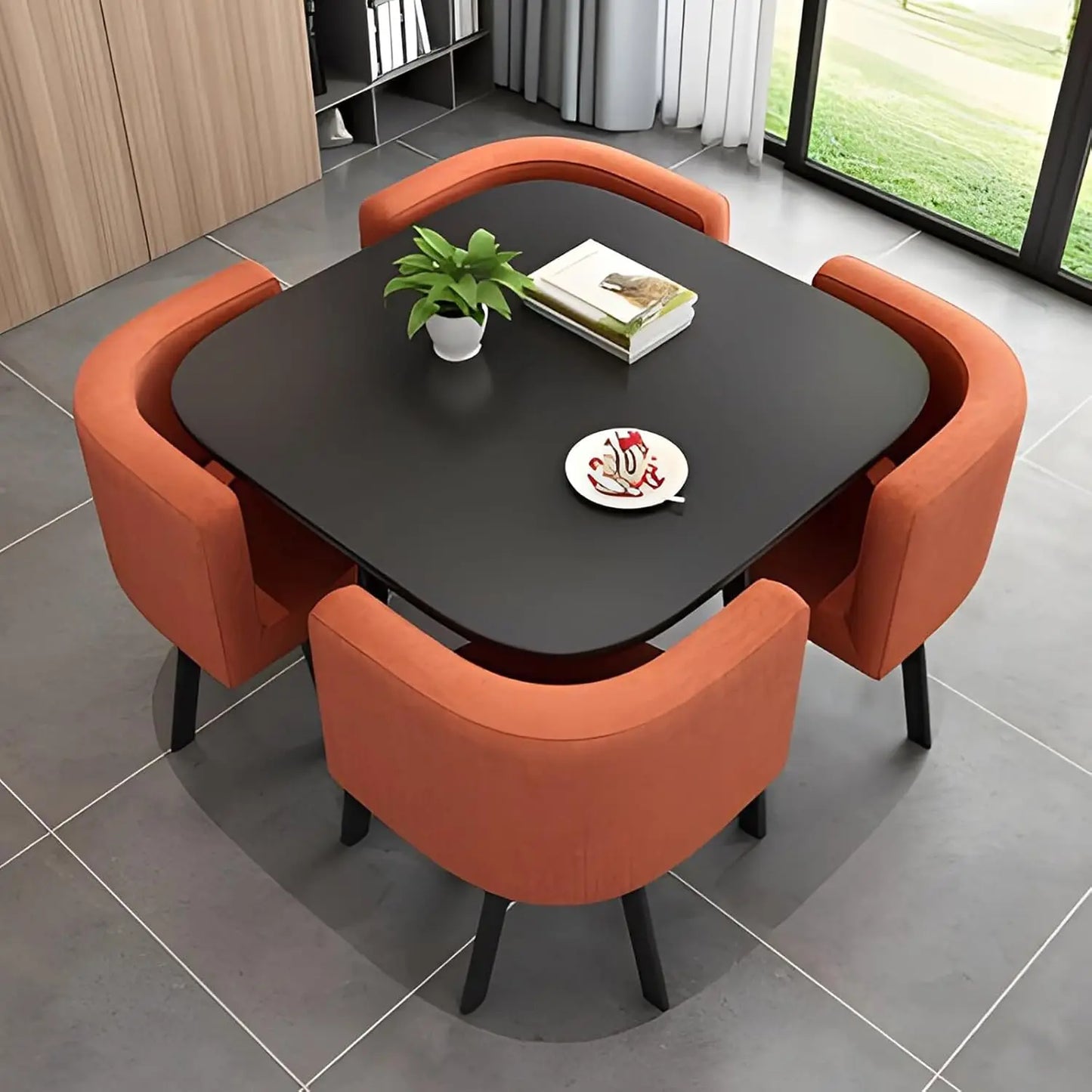 5-Piece Modern Dining Set, Stone-Style Table with Space-Saving Chairs