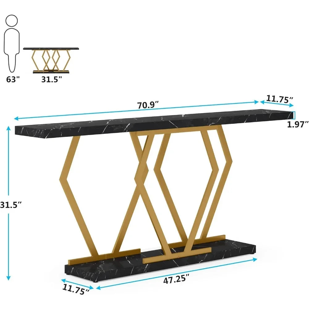 70.9" Extra Long Console Table, Faux Marble Top, Modern Table with Gold or Black Frame