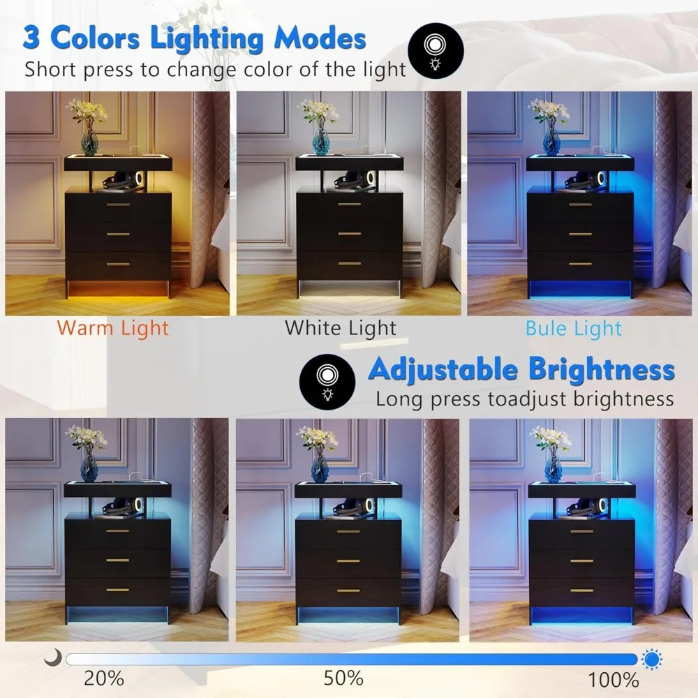 3-Drawer LED Nightstand with Wireless Charger and 3-Mode Sensor Light