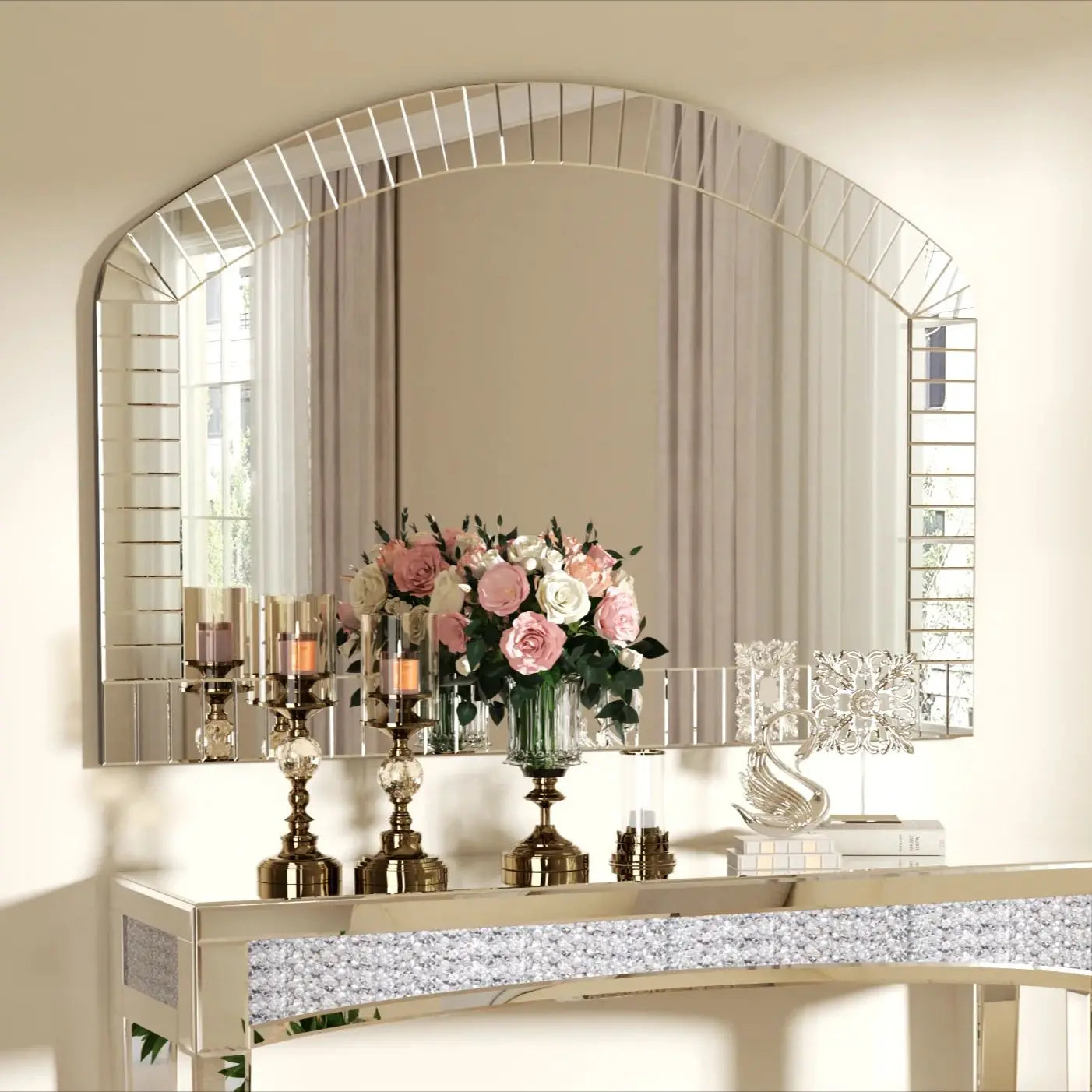 Large Silver Arched Wall Mirror – Venetian-Style Decorative Accent with Beveled Glass