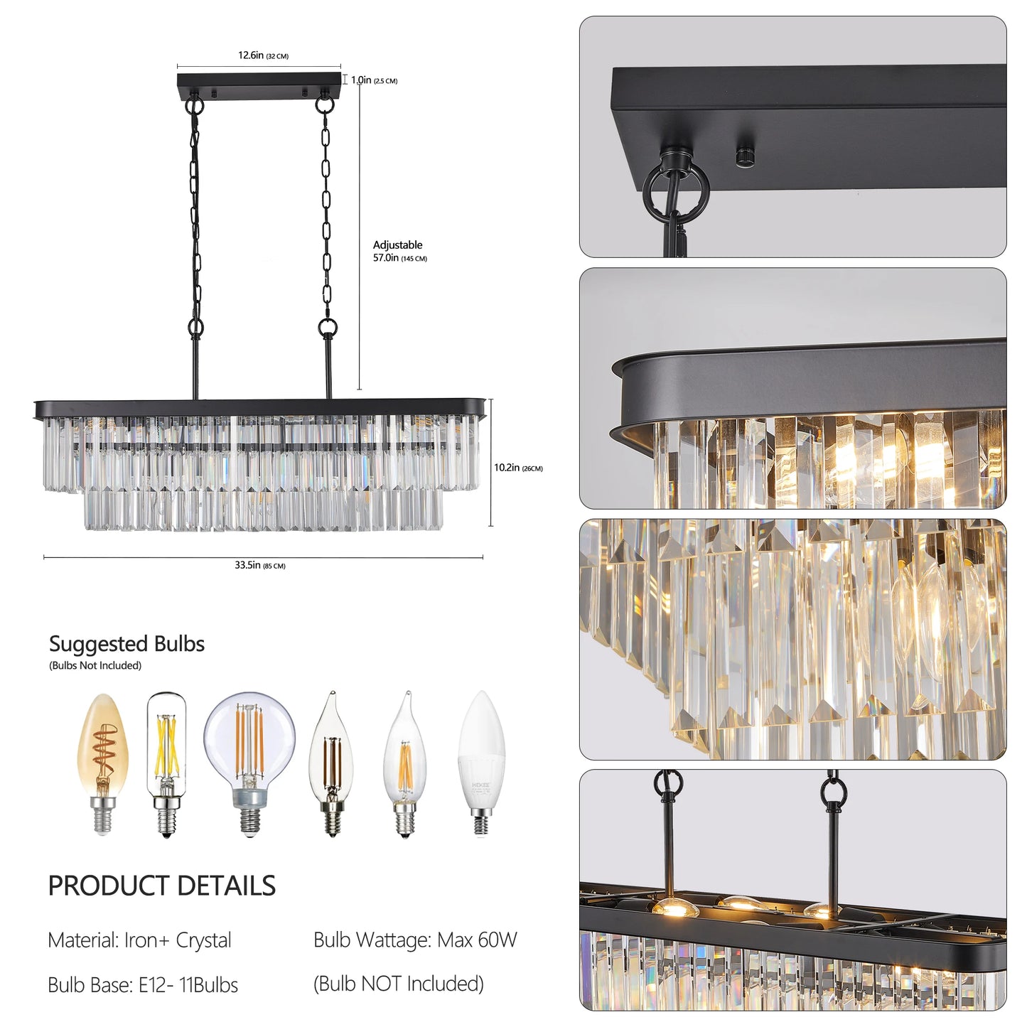 Adjustable Rectangular Crystal Chandelier, E12 Modern Industrial Farmhouse Iron Ceiling Light