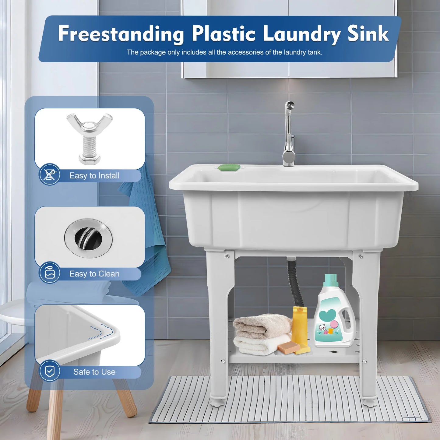Detached Plastic Laundry Sink with Faucet & Washing Board