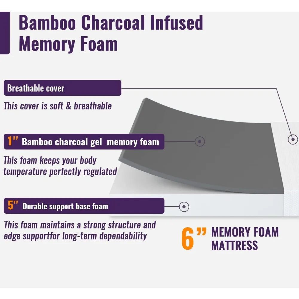 Full Size Gel Memory Foam Mattress, Bamboo Charcoal Infused, Pressure Relief, Bed-in-a-Box