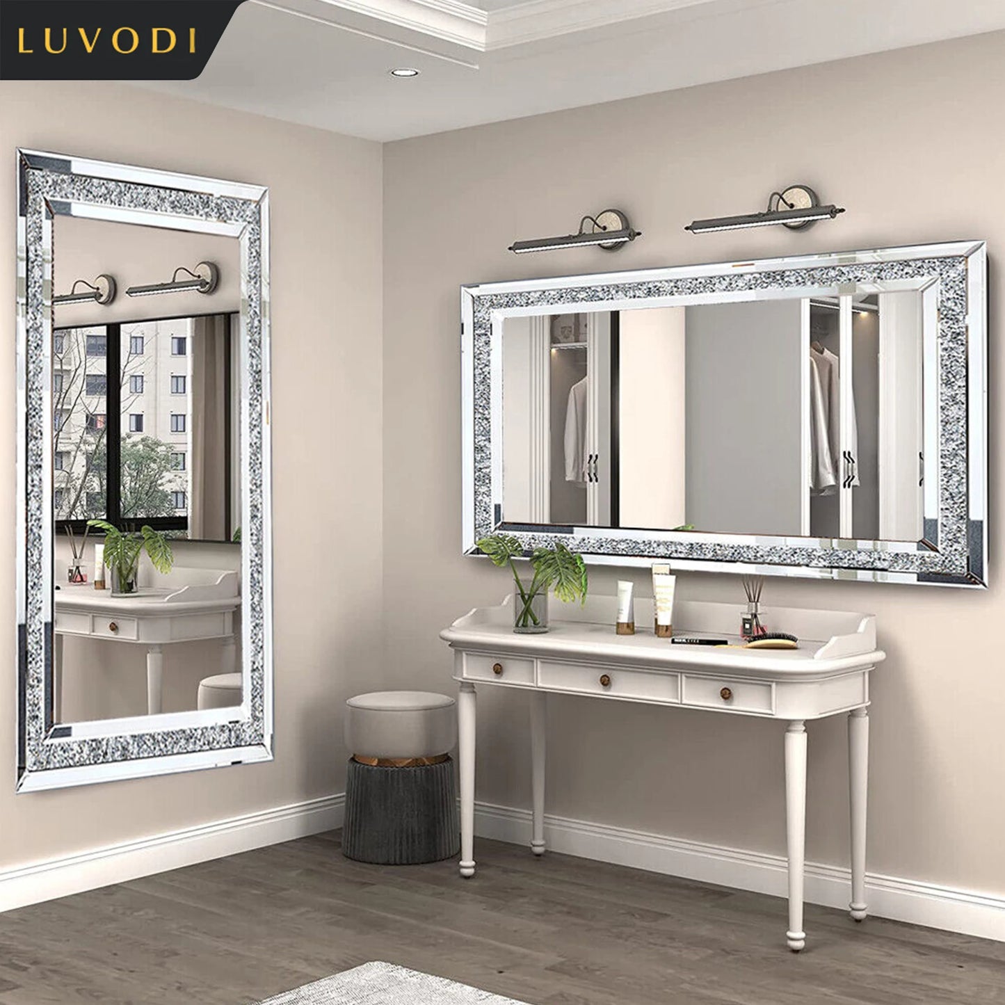LUVODI Large Frameless Vanity Mirror with Silver Crystal Rhinestones