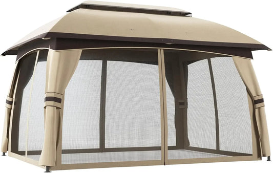 ✅ 10' x 13' Patio Gazebo with Netting – Beige Canopy Shelter, Sturdy Steel Frame