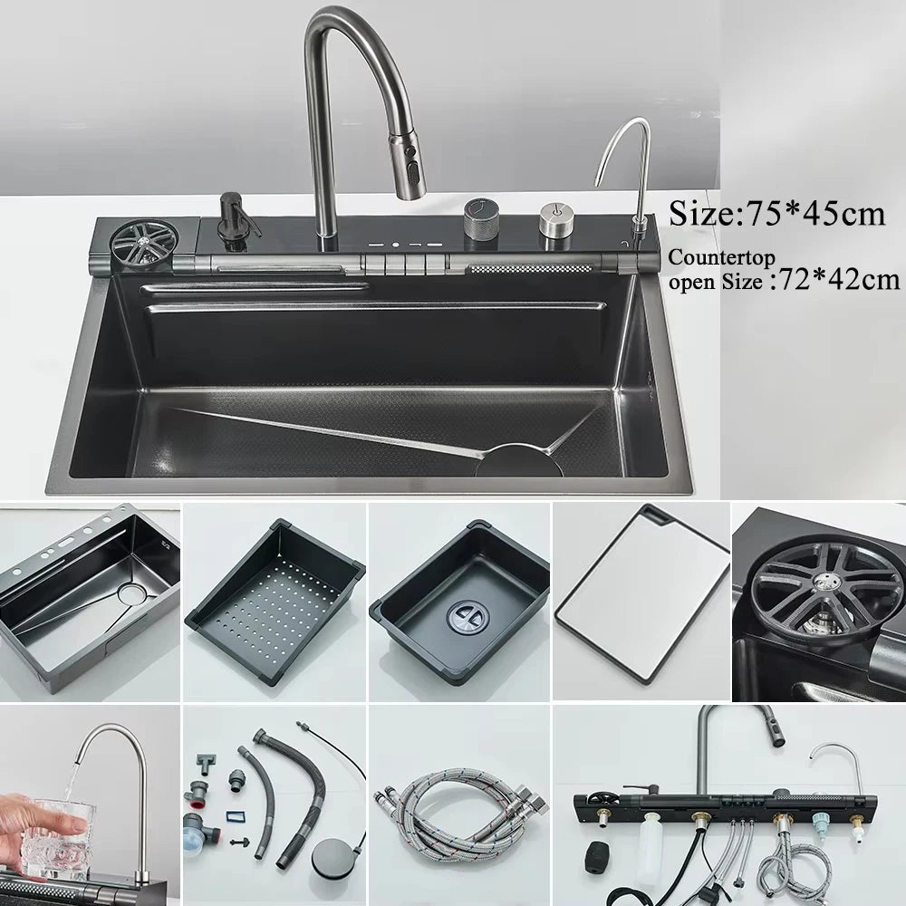 304 Stainless Steel Waterfall Kitchen Sink Set with Digital Faucet, Soap Dispenser & Cup Washer